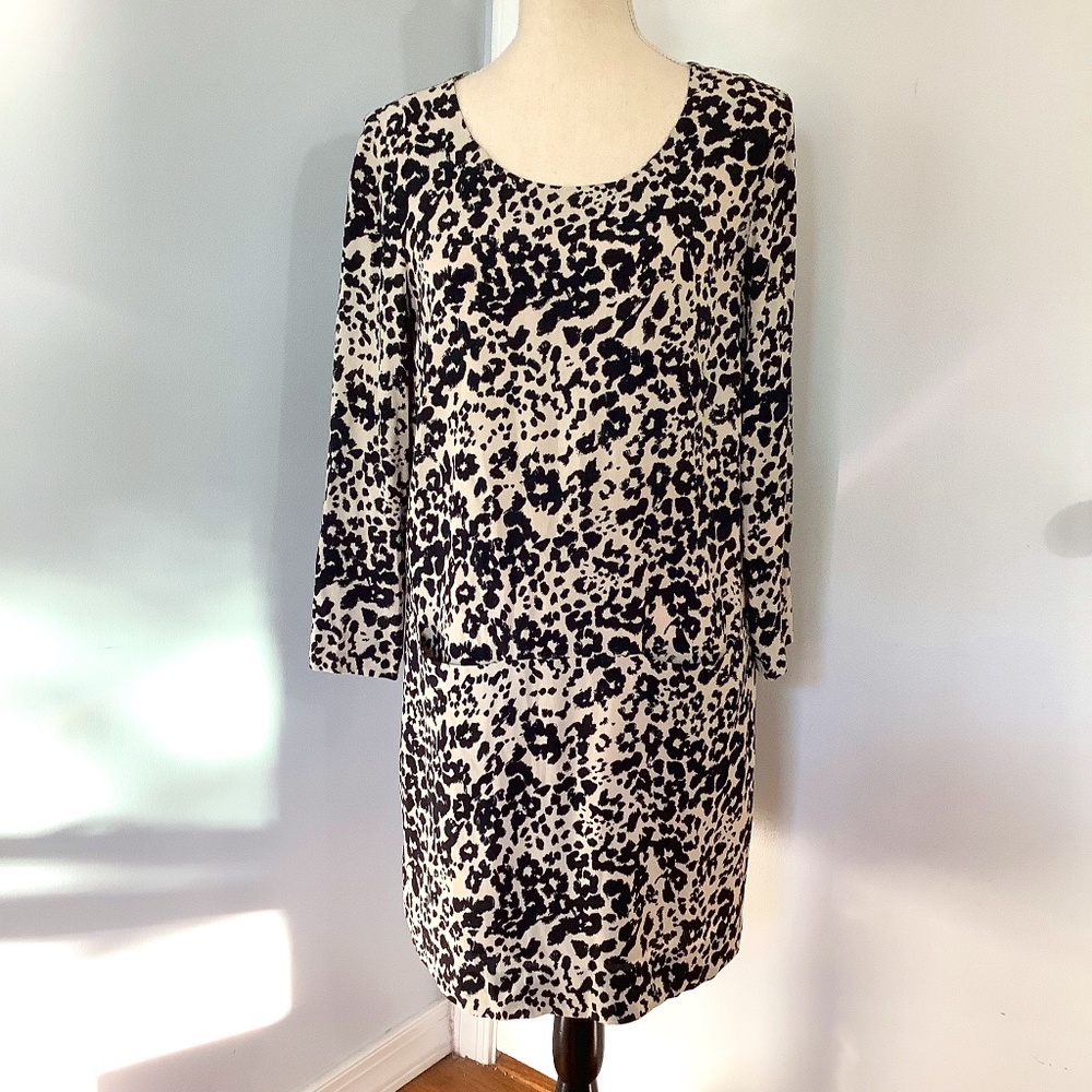 J.CREW SIZE 6 SHIFT DRESS SNOW LEOPARD PRINT CREAM BLACK